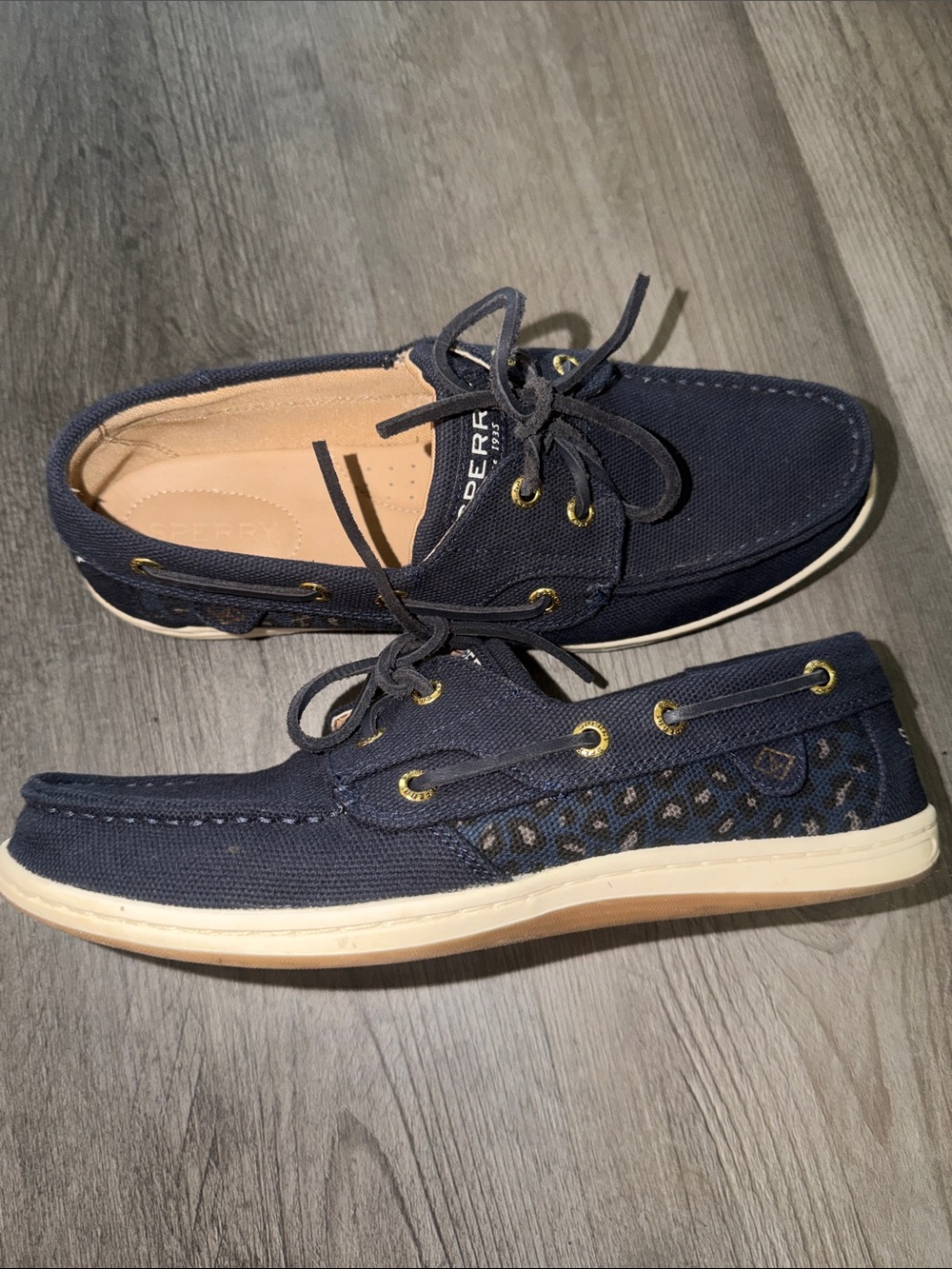 Sperry Navy Canvas Lace-Up Moccasins with Cheetah print Sides